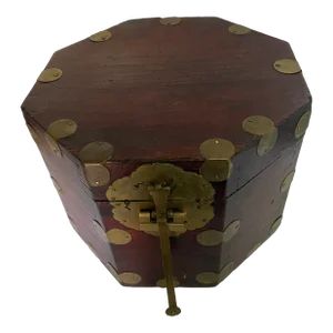 1940s Smaller Antique Asian Brass and Wood Octagonal Box