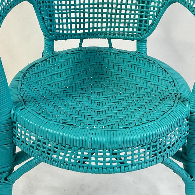 Vintage Coastal Boho Chic Turquoise Painted Wicker Chair. For Sale - Image 4 of 10