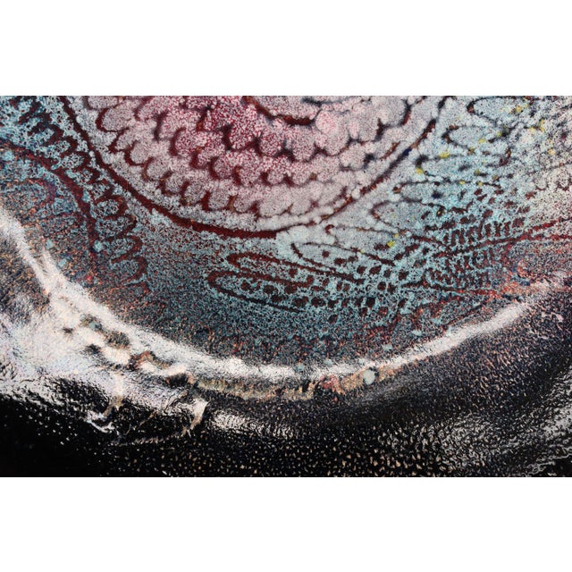 Large Vintage Enamel on Copper Sgraffito Peacock Decorative Plate by Arpad Rosti For Sale - Image 9 of 13