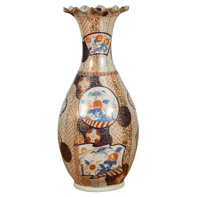 Tall Vintage Chinese Vase with Hand Painted Blue, Orange and Gold Floral Decor For Sale - Image 11 of 11