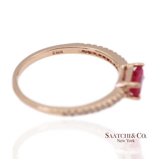 Rose 14k 585 Solid Rose Gold Pink Baguette Cut Stone and Natural Diamond Ring, Size 6 For Sale - Image 8 of 12