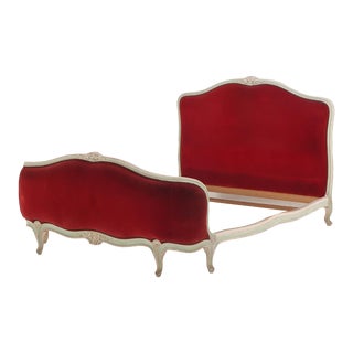 French Louis XV Style Painted Corbeille Bed With Red Upholstery C 1920. For Sale