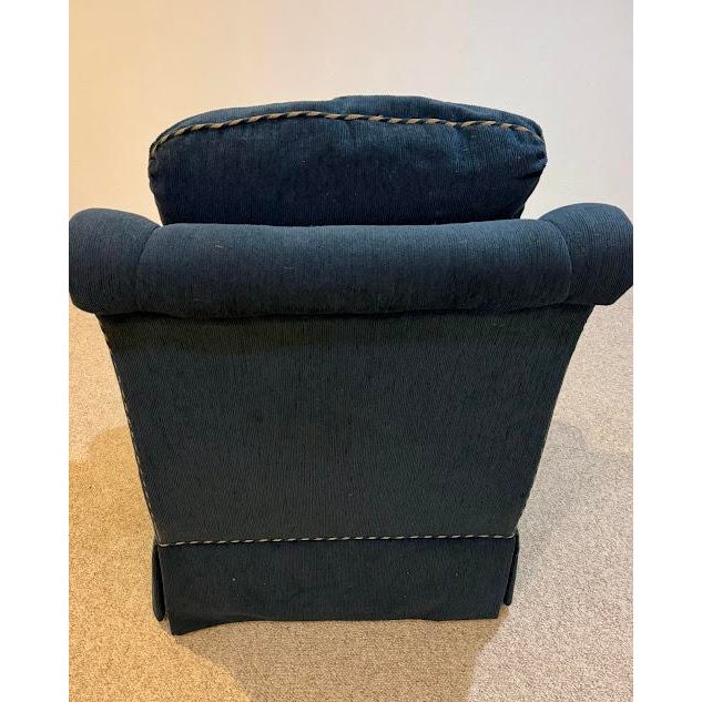 2000 - 2009 Custom Ethan Allen Rolled-Arm Skirted Armchair in Navy With Rope Trim For Sale - Image 5 of 9
