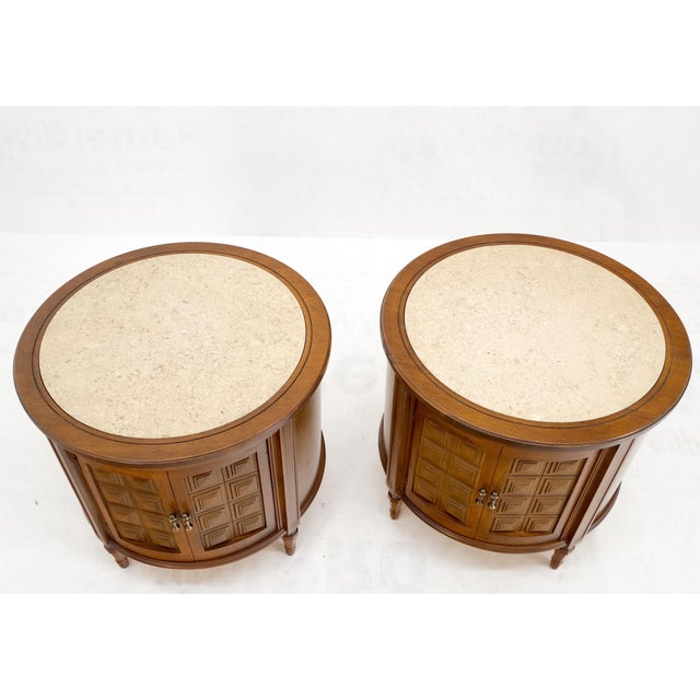 Pair Round Drum Barrel Shape Travertine Top Two Doors End Side Tables Stand Mint For Sale - Image 10 of 13