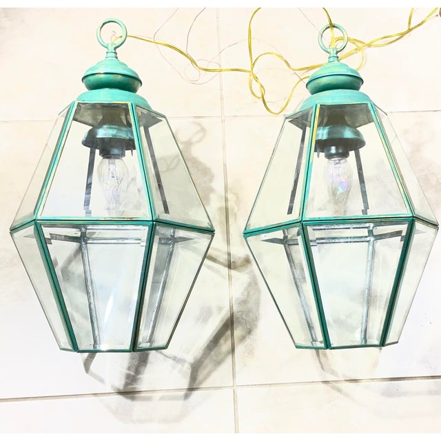1980s Stunning Pair of Vintage Solid Brass & Glass Geometric Hanging Lanterns - a Pair For Sale - Image 9 of 16