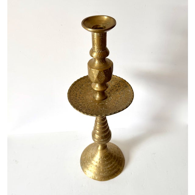 Vintage Etched Brass Altar Candle Holder 16" For Sale - Image 4 of 5