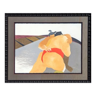 Phyllis Steele Modern Colorful Pastel Drawing of a Pair of Competing Sumo Wrestlers in Red, 20th Century For Sale