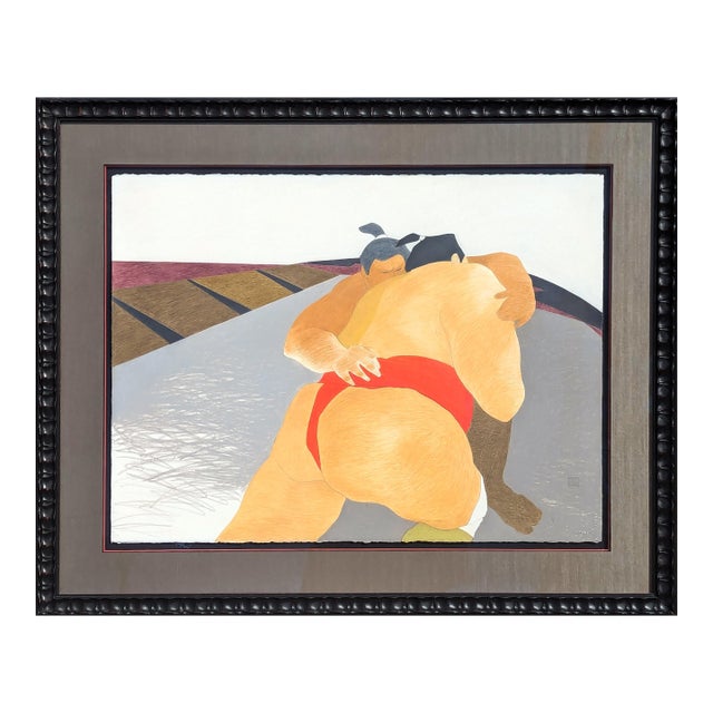 Phyllis Steele Modern Colorful Pastel Drawing of a Pair of Competing Sumo Wrestlers in Red, 20th Century For Sale