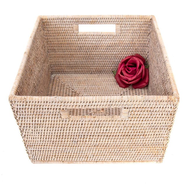 2020s Artifacts Rattan Square Storage Basket with Handles in White Wash - 12" For Sale - Image 5 of 7