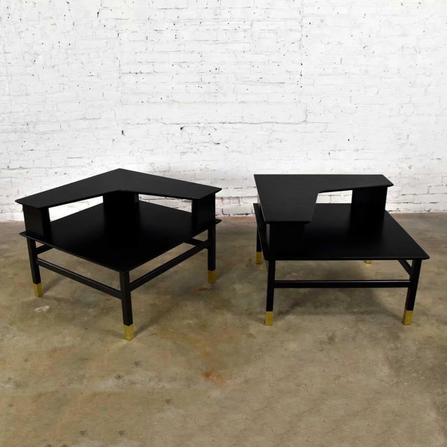 MCM Corner Step Tables a Pair Black With Brass Sabots From Coronado Group by Luther Draper for Founders Furniture For Sale - Image 13 of 13
