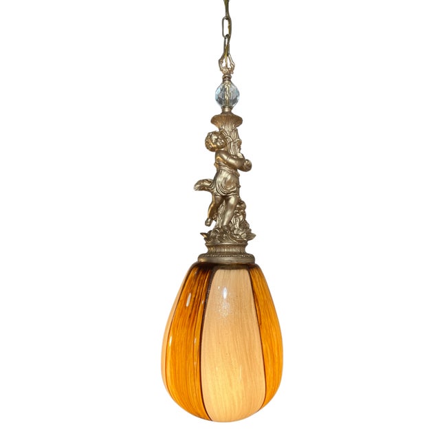 Murano Murano Art Glass Aventurine Ovoid Shade With a Cherub Sculpture Pendant Light For Sale - Image 4 of 18