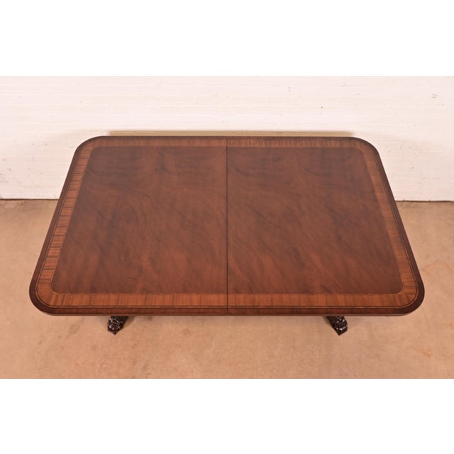 Baker Furniture Regency Banded Mahogany Double Pedestal Extension Dining Table, Newly Refinished For Sale - Image 13 of 17