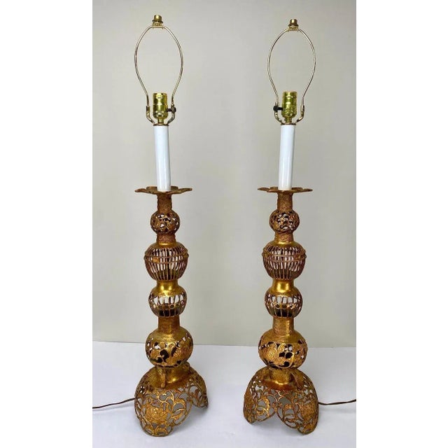 Hollywood Regency Hollywood Regency Chinese Style Bronze Filigree Design Tiered Table Lamp, a Pair For Sale - Image 3 of 12