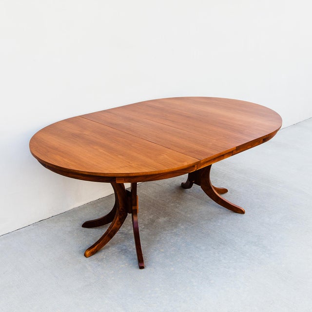 Wood Restored Mid Century Modern Round Walnut Pedestal Base Dining Table For Sale - Image 7 of 14