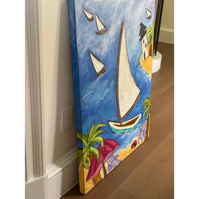 Original oil on canvas by Kimber Lee Clark of a whimsical regatta day in vibrant, happy colors. 30 inches by 60 and 1.5...