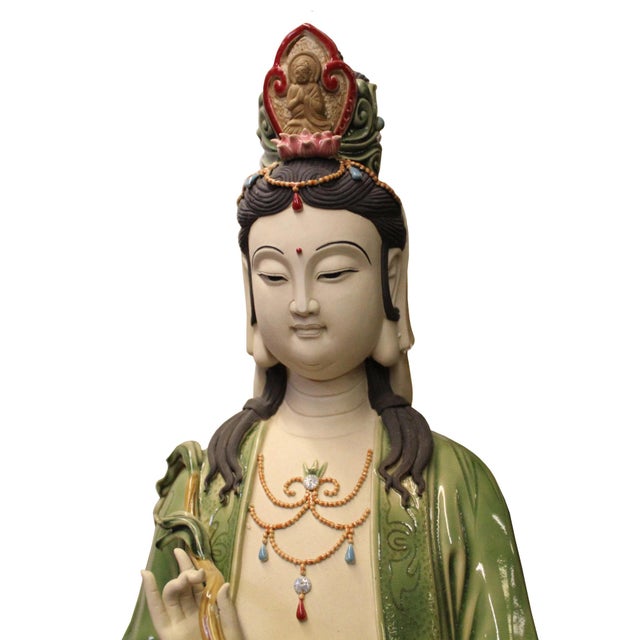 Chinese Handmade Ceramic Standing Bottle Holding Kwan Yin Statue Chairish