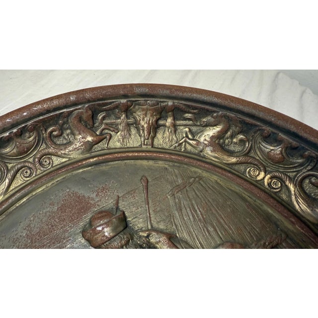 Bronze Large 14lbs Antique Ornate Bronze Patinated Cast Iron Relief Wall Charger Plaque For Sale - Image 8 of 12