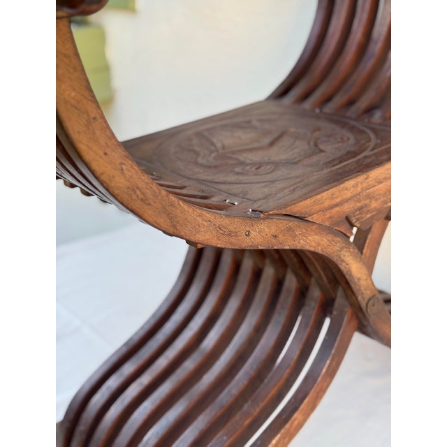 Late 19th Century Antique Wood Side Chair: Savonarola Carved Hardwood Antique Chair For Sale - Image 5 of 12