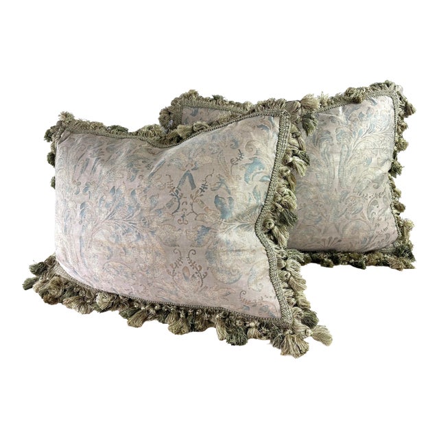 Vintage Handcrafted Tasseled Italian Fortuny Pillows/a Pair For Sale