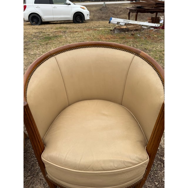 1940s French Art Deco Leather Solid Mahogany Barrel Back Club Chairs - A Pair For Sale - Image 10 of 12