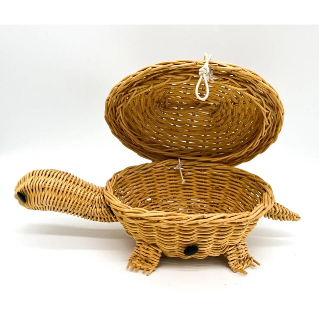 Contemporary Vintage Wicker Turtle Lidded Box Basket With Handle – Whimsical Animal Storage - Coastal, Boho Chic, Palm Beach Regency For Sale - Image 3 of 11