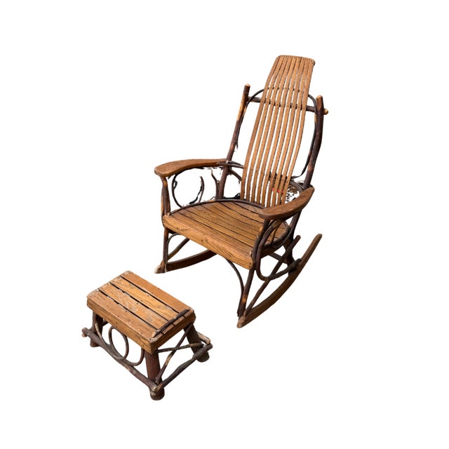 Rustic Late 20th Century Handcrafted Rustic Hickory Twig Rocking Chair With Matching Footstool Adirondack Lodge Style For Sale - Image 3 of 18