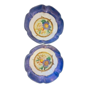 Pair of Vintage Blue Noritake China Lusterware Footed Bowls With Flower Design