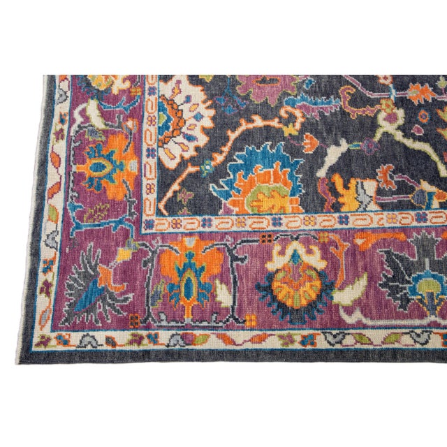 Modern Oushak Handmade Allover Floral Grey and Purple Wool Rug For Sale - Image 4 of 13