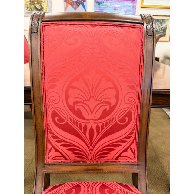 Ethan Allen Dining Table Set With 6 Red Damask Upholstered Chairs 7 Pc For Sale - Image 11 of 11