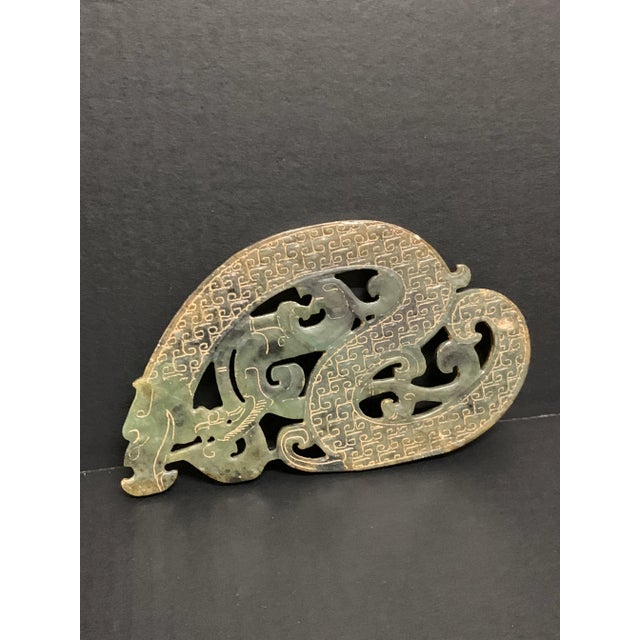 Chinese Vintage Chinese Art Carved Archaic Style Design Jade Dragon Plaque Sculpture For Sale - Image 3 of 8