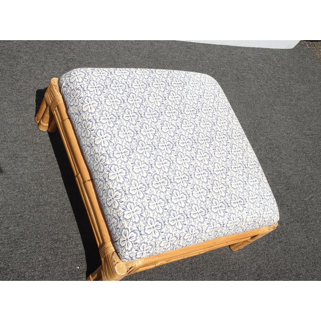 Large Vintage French Country Coastal Bamboo Rattan Ottoman Foot Stool For Sale - Image 10 of 17
