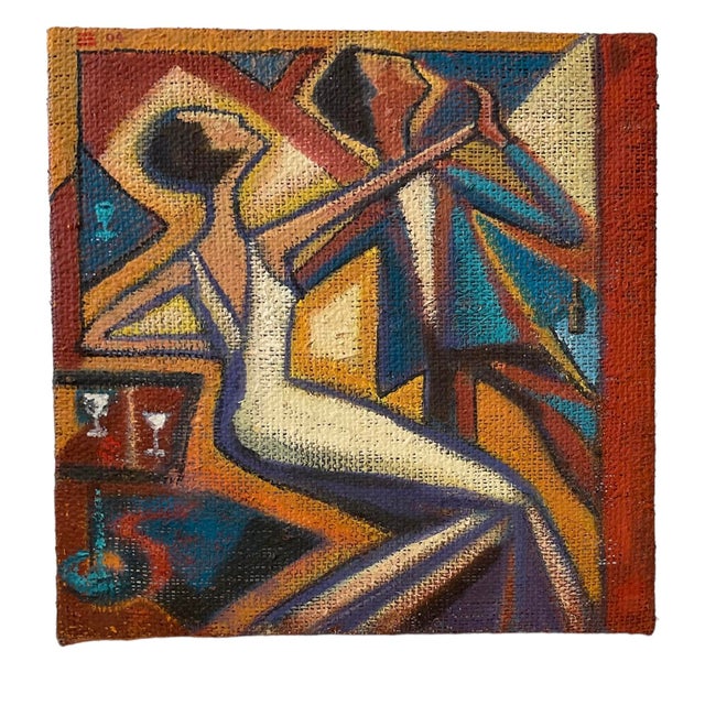 Brown Vintage “Dancing on Burlap” Acrylic Painting on Coffee Sack Canvas by Thom Evans 22”x 22”x1.75” For Sale - Image 8 of 10