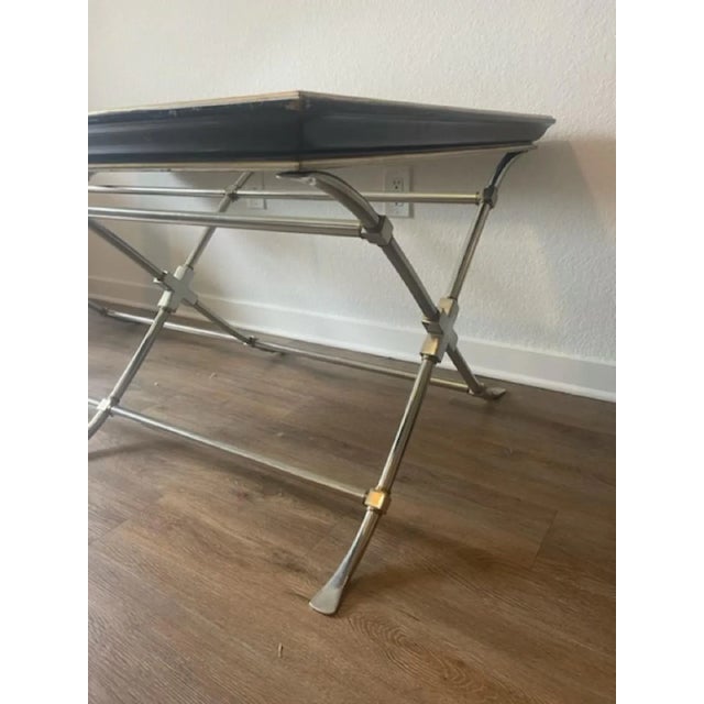 1990s 1990s Modern Neoclassical Brushed Nickel & Brass Triple X Base Coffee Table For Sale - Image 5 of 10