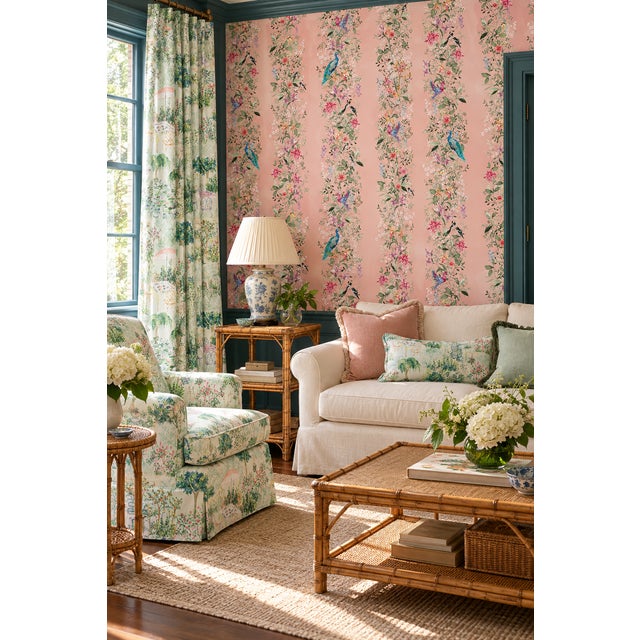 Chinoiserie Mahjong Floral Stripe Grasscloth Wallpaper by House Party | Coral Crack | 6 Yards For Sale - Image 3 of 10