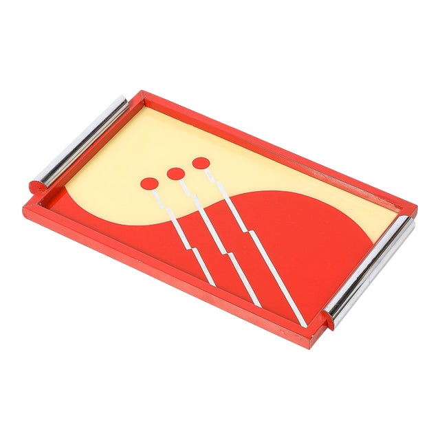 Art Deco Eglomise Graphic Geometric Detailed Tray in Vermillion Red & Yellow For Sale