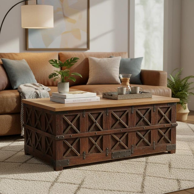 Dimensions: 62" W x 36.5" D x 25.5" H Make a bold statement with this authentic antique teak wood chest from India, that...