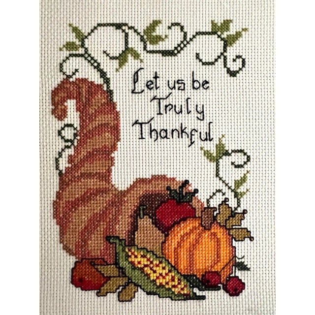 1960s Vintage Thanksgiving Harvest Cornucopia Needlepoint Folk Art Print Piece This piece is a framed cross-stitch...