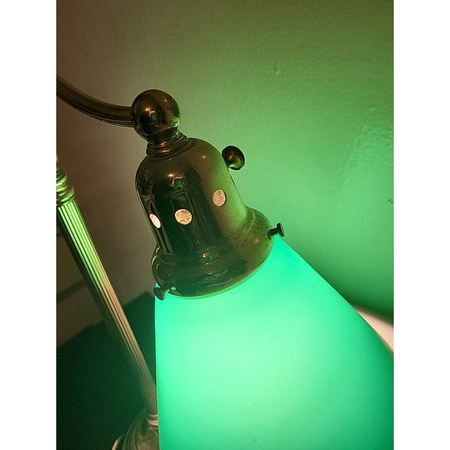 Mid-Century Modern Vintage Banker Brass Lamp Green Glass Art Deco For Sale - Image 3 of 12