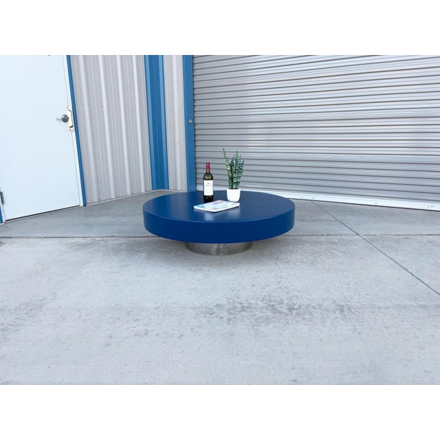 Mid-Century Modern 1960s Mid Century Blue Round Coffee Table With Chrome Base Styled After Willy Rizzo For Sale - Image 3 of 10