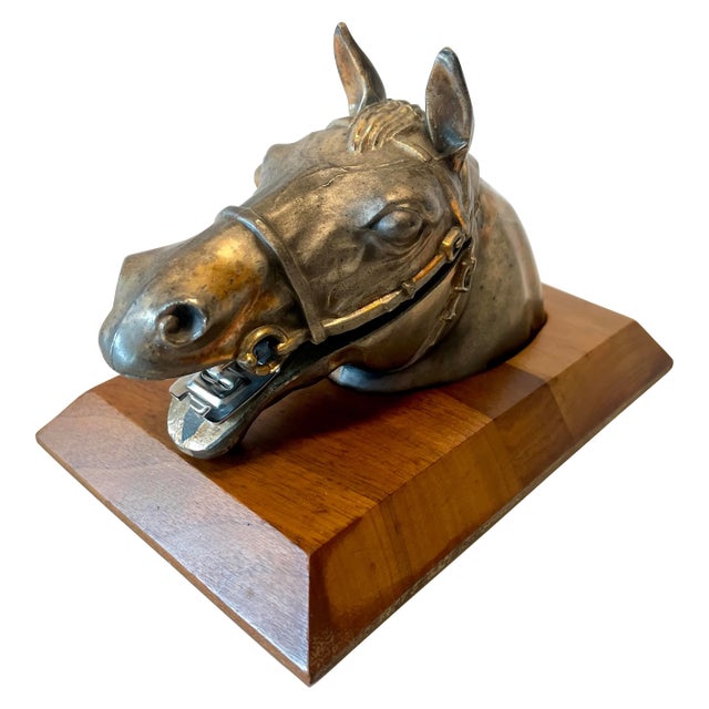 Vintage Ted Arnold Ltd. Brass Washed Horse Head Stapler on Walnut Stand For Sale