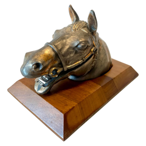 Vintage Ted Arnold Ltd. Brass Washed Horse Head Stapler on Walnut Stand