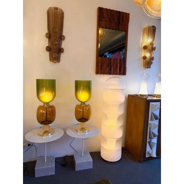 Contemporary Pair of Brass and Murano Glass Green Shades Lamps, Italy For Sale - Image 6 of 11