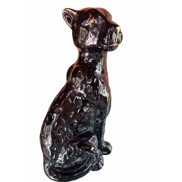 Vintage Black Ceramic Cat Cheetah Panther Statue Gold Accent Panther Sculpture |Hollywood Regency Animal Figurine For Sale - Image 4 of 11