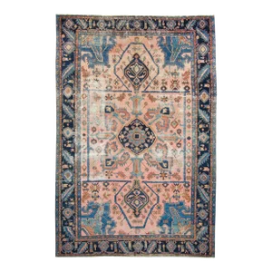Antique Coral Navy Distressed Geometric Design Large Wool Pile Hand Knotted Rug - 7'6" X 11’3”