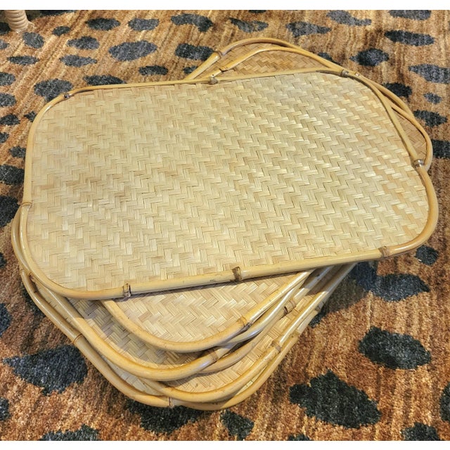 Traditional Vintage Set Bamboo Natural Wicker Wood Coastal Regency Serving Trays Set of 10 For Sale - Image 3 of 9
