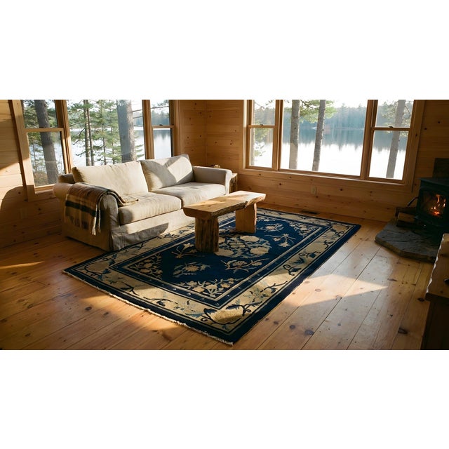 1920s Navy Blue Medallion Antique Chinese Peking Rug 3' X 4'10'' Wool Knotted Carpet For Sale - Image 12 of 12