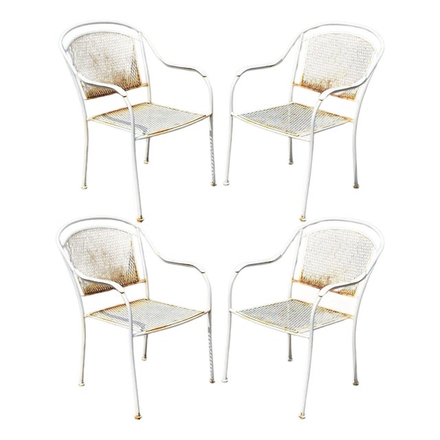 Vintage Modern Wrought Iron Sculptural Outdoor Patio Stacking Arm Chairs - Set 4 For Sale