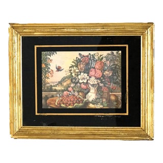 Antique Still Life Floral Print In Original Gilt Frame with Eglomise Glass Circa 1880 For Sale