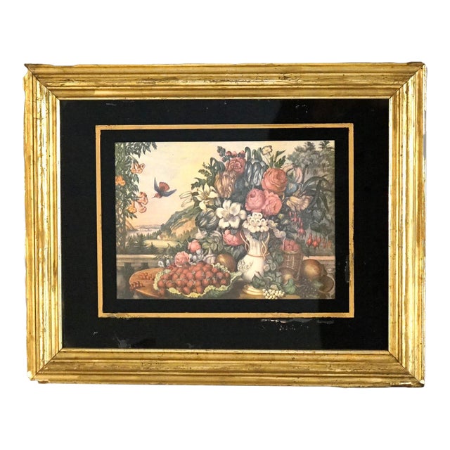 Antique Still Life Floral Print In Original Gilt Frame with Eglomise Glass Circa 1880 For Sale