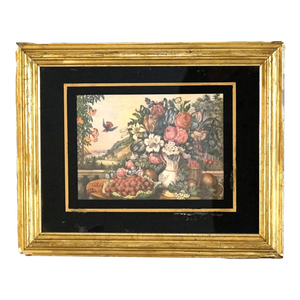 Antique Still Life Floral Print In Original Gilt Frame with Eglomise Glass Circa 1880